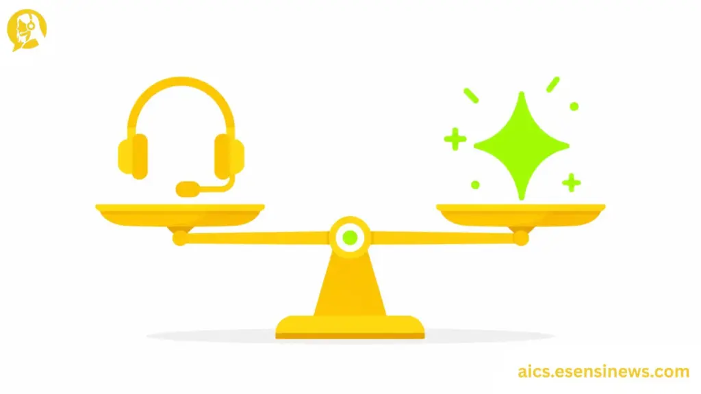 Flat illustration of a balance scale with a headset and an AI spark icon, representing AI and call centers.