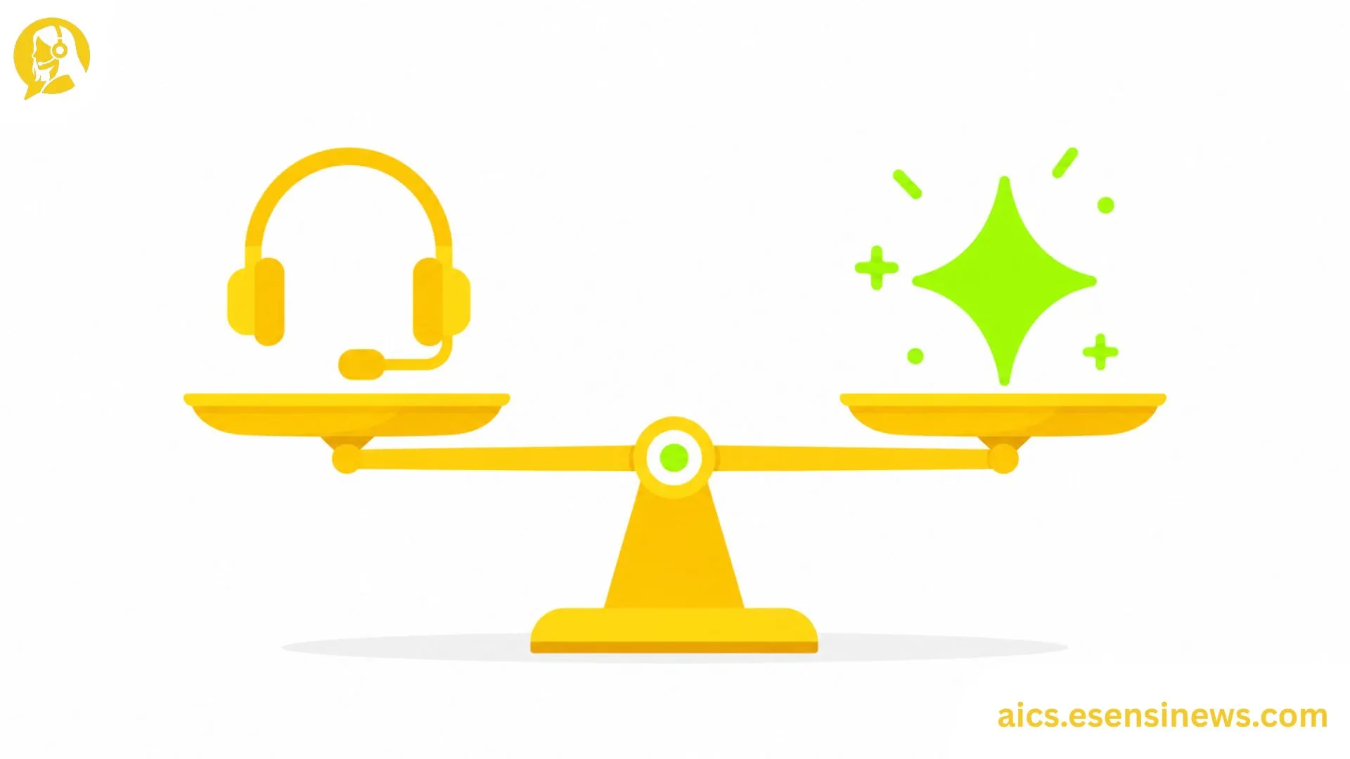 Flat illustration of a balance scale with a headset and an AI spark icon, representing AI and call centers.