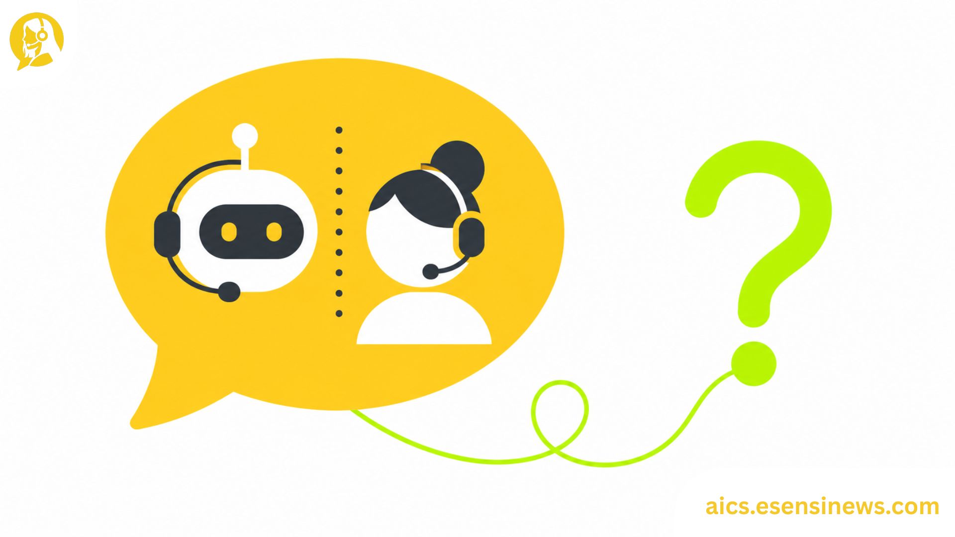 Flat illustration of a speech bubble and question mark icon in yellow and lime green on a white background, representing AI and customer service myths.
