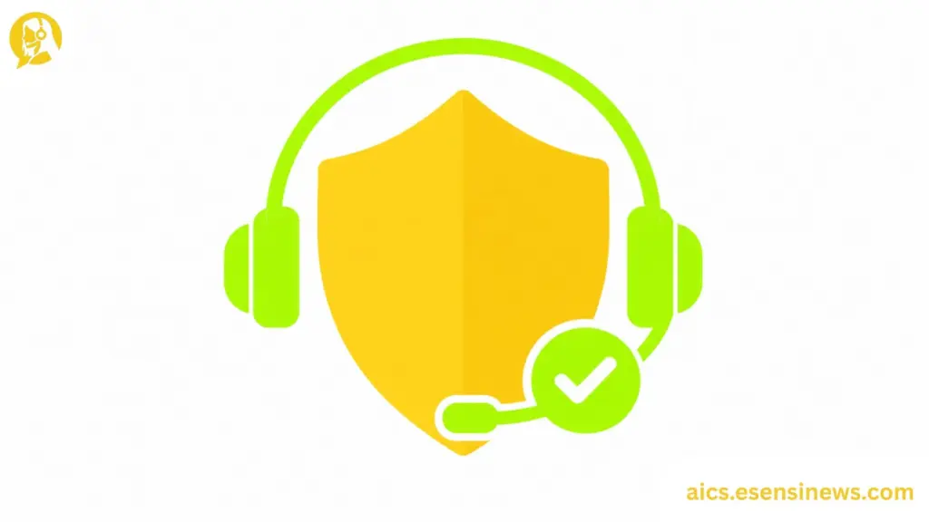 Flat illustration of a shield and headset icon in yellow and lime green on a white background, representing compliance for an AI call centre.