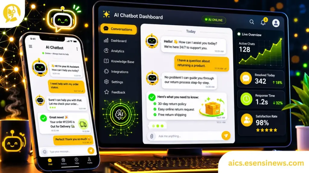 AI customer service chatbot interface showing real-time customer conversation on mobile and desktop screens with automated support responses