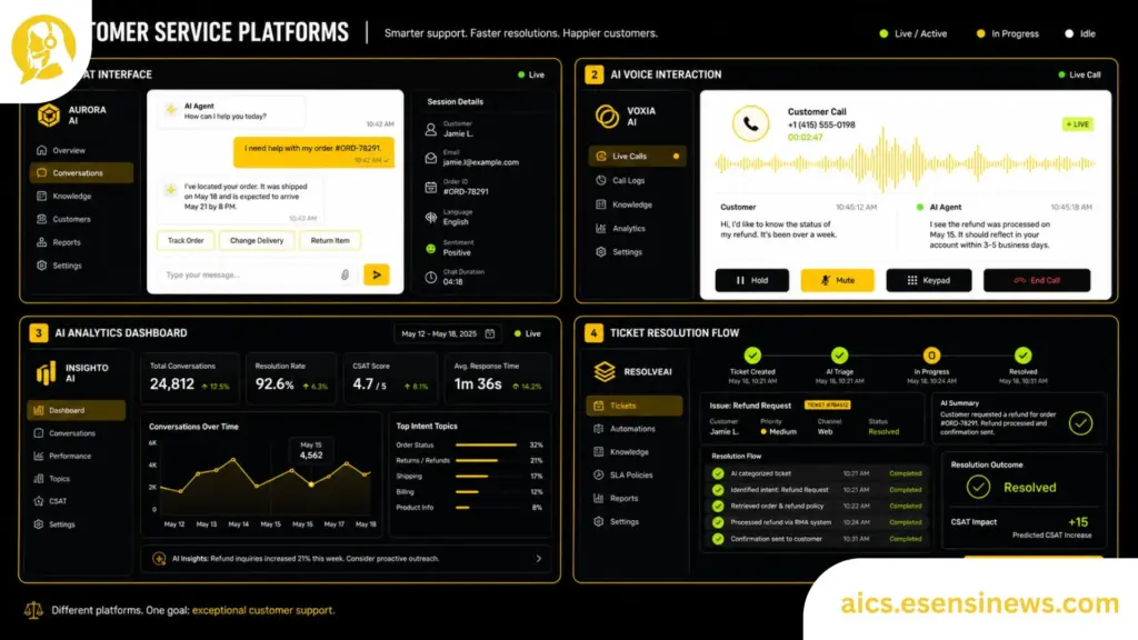 Comparison dashboard of top AI customer service companies showing platform interfaces, analytics, and support automation features in 2026