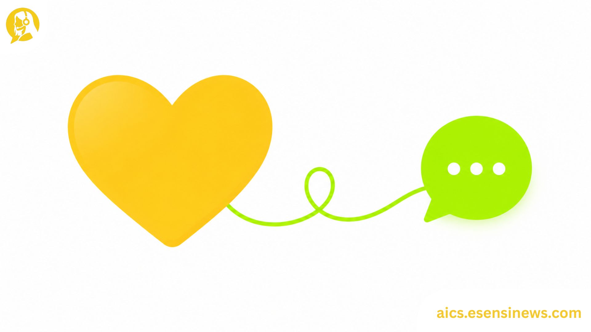 Flat illustration of a heart and speech bubble icon in yellow and lime green on a white background, representing AI for customer care.