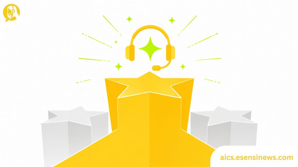 Flat illustration of a podium with a headset and AI spark icon in yellow and lime green on a white background, representing AI-powered customer service as a competitive differentiator.