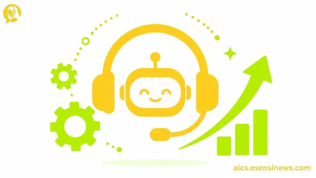 Flat illustration of a headset and growth arrow icon in yellow and lime green on a white background, representing AI-powered customer support.