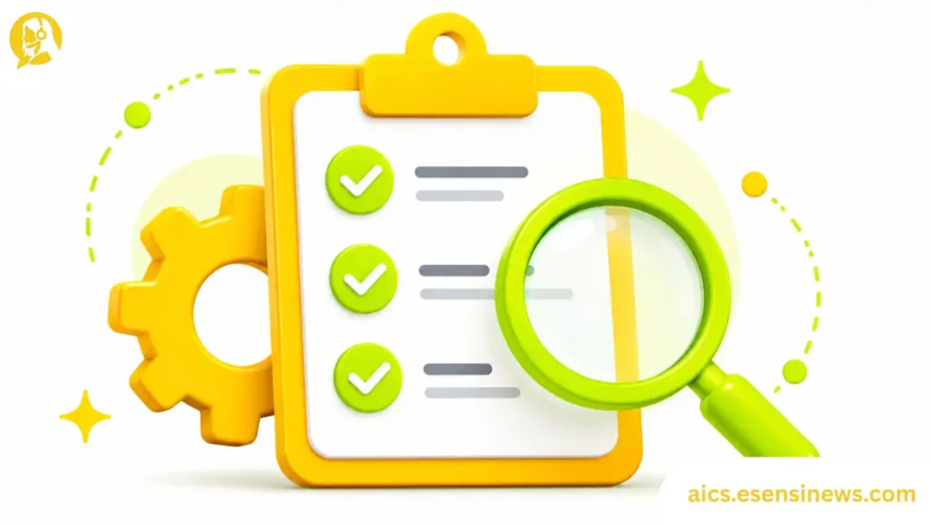 Flat illustration of a checklist, gear, and magnifying glass icon, representing AI tools evaluation for customer support.