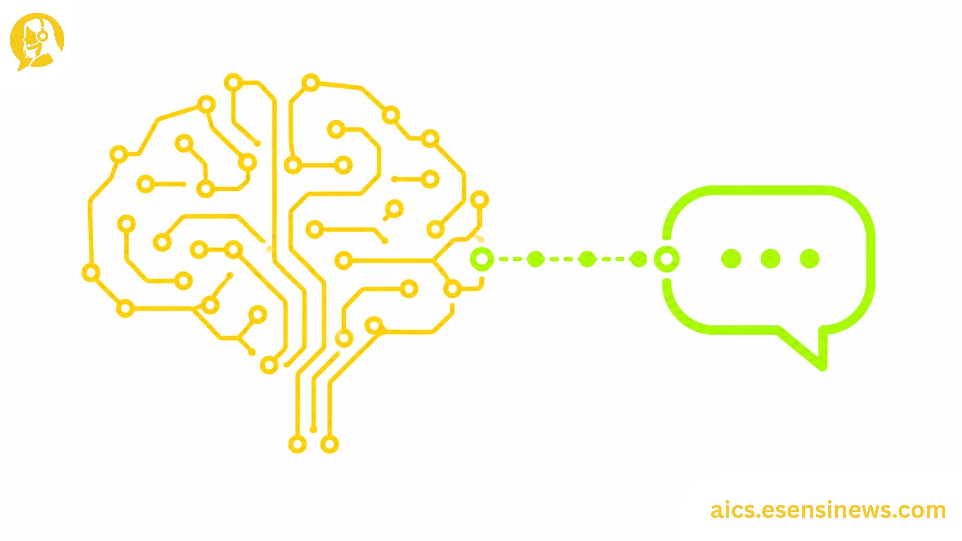 Flat illustration of a circuit-style brain shape and speech bubble in yellow and lime green on a white background, representing artificial intelligence and customer service technology.