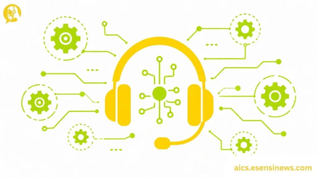 Flat illustration of a headset connected to gear and circuit icons in yellow and lime green on a white background, representing artificial intelligence call center technology.