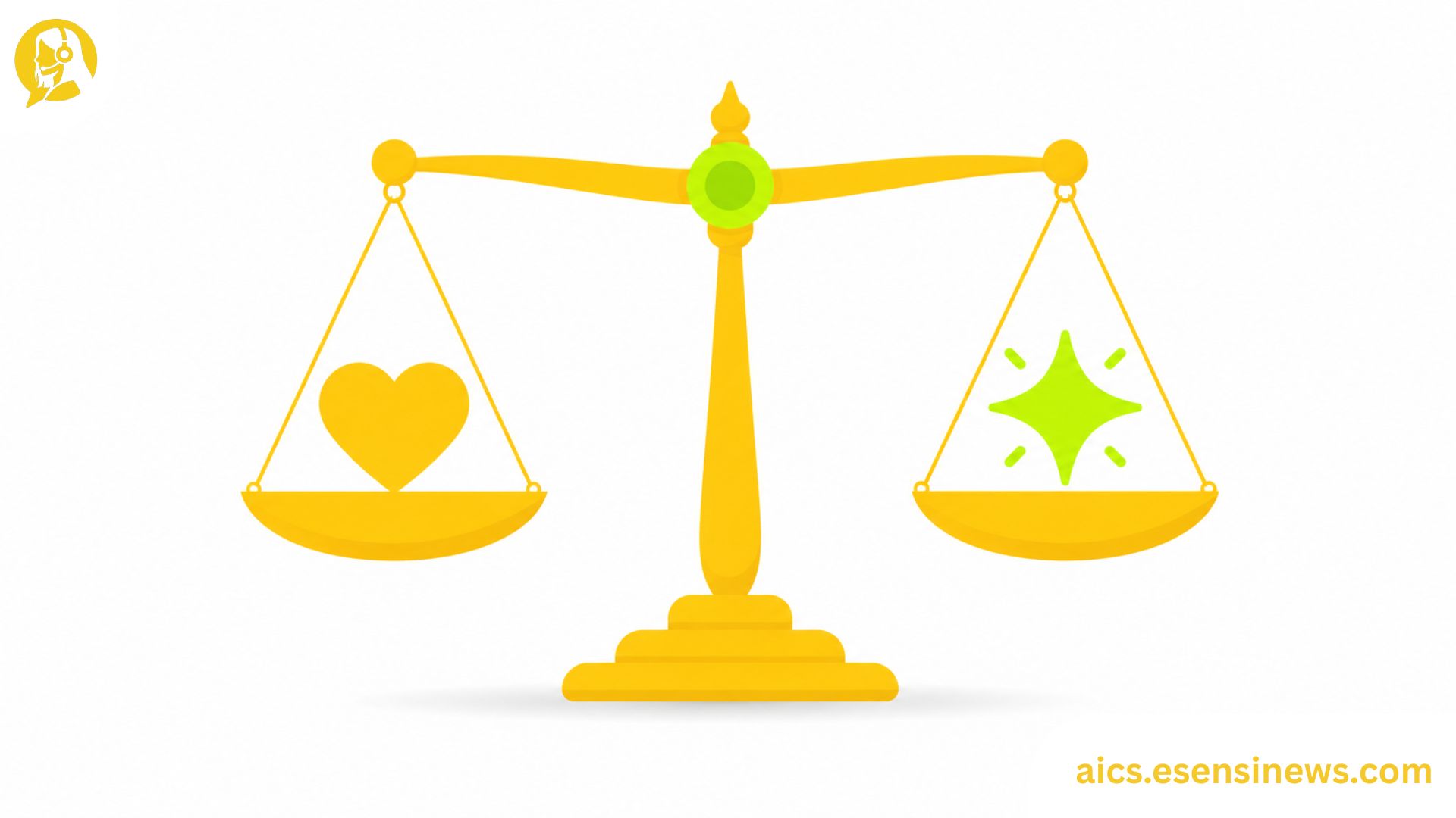 Flat illustration of a balance scale with a heart and AI spark in yellow and lime green on a white background, representing ethics in artificial intelligence customer care.