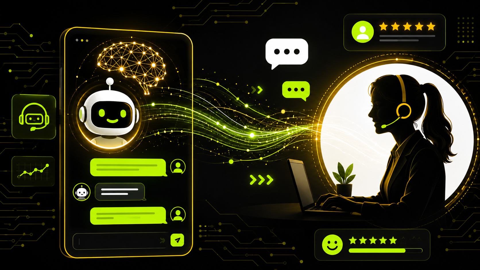 Illustration of artificial intelligence and human collaboration in customer service with AI chatbot interface and digital data streams in yellow, lime, and white