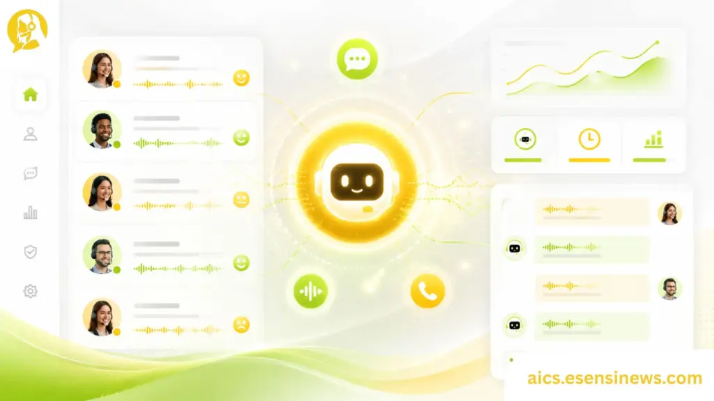 AI-powered contact center dashboard showing automated customer service interface with chat and voice support icons