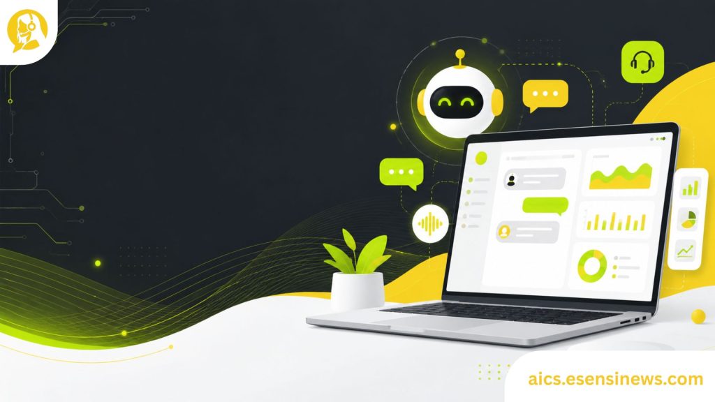 Illustration of an AI-powered contact center dashboard with chat automation and analytics icons