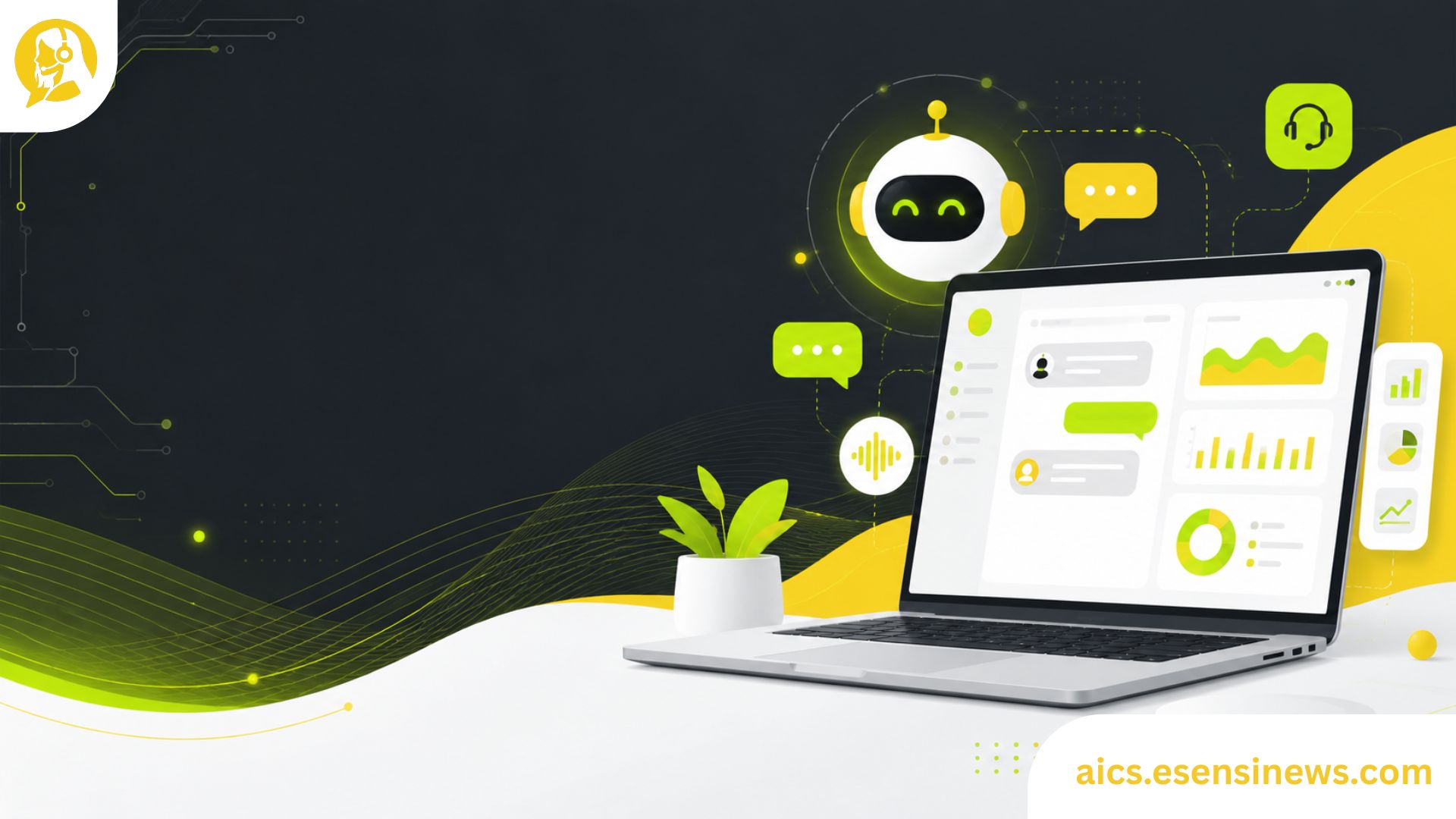 Illustration of an AI-powered contact center dashboard with chat automation and analytics icons