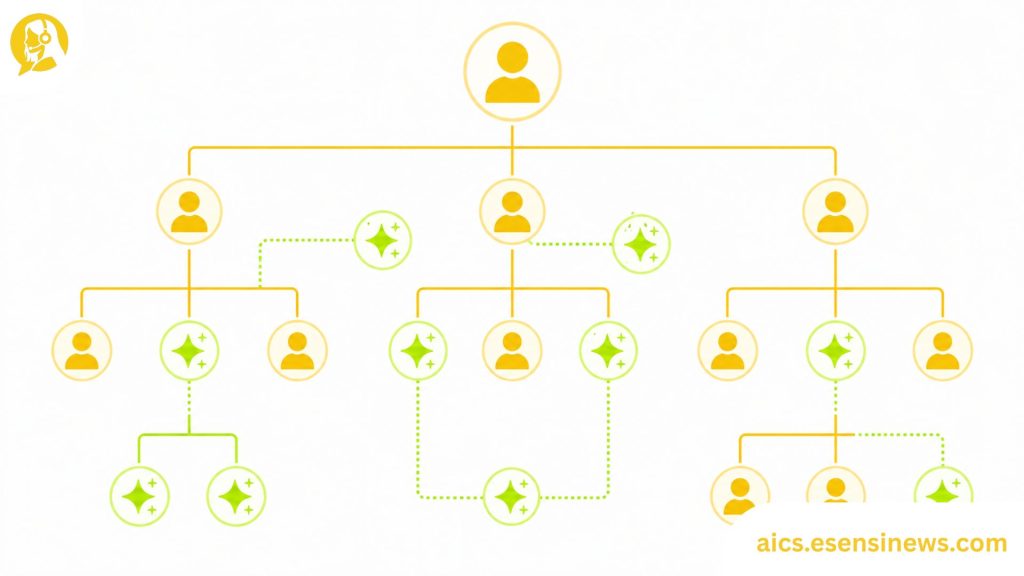 Flat illustration of a hybrid org chart with human and AI nodes in yellow and lime green on a white background, representing contact center artificial intelligence workforce changes.