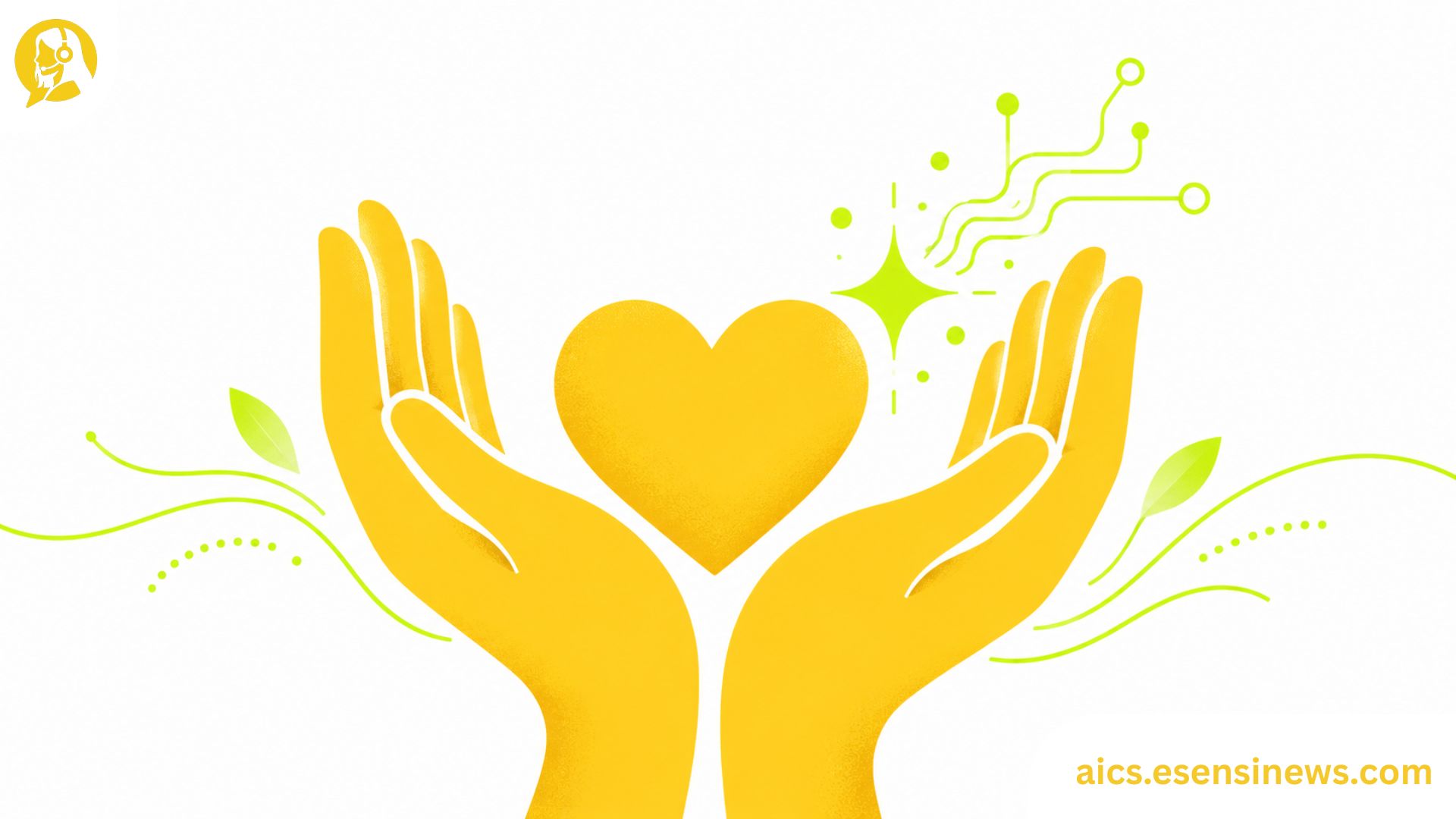 Flat illustration of hands holding a heart with an AI spark accent in yellow and lime green on a white background, representing empathetic customer care AI.