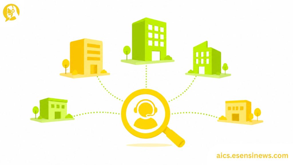 Flat illustration of five building icons and a magnifying glass in yellow and lime green on a white background, representing the evaluation of customer service AI companies.