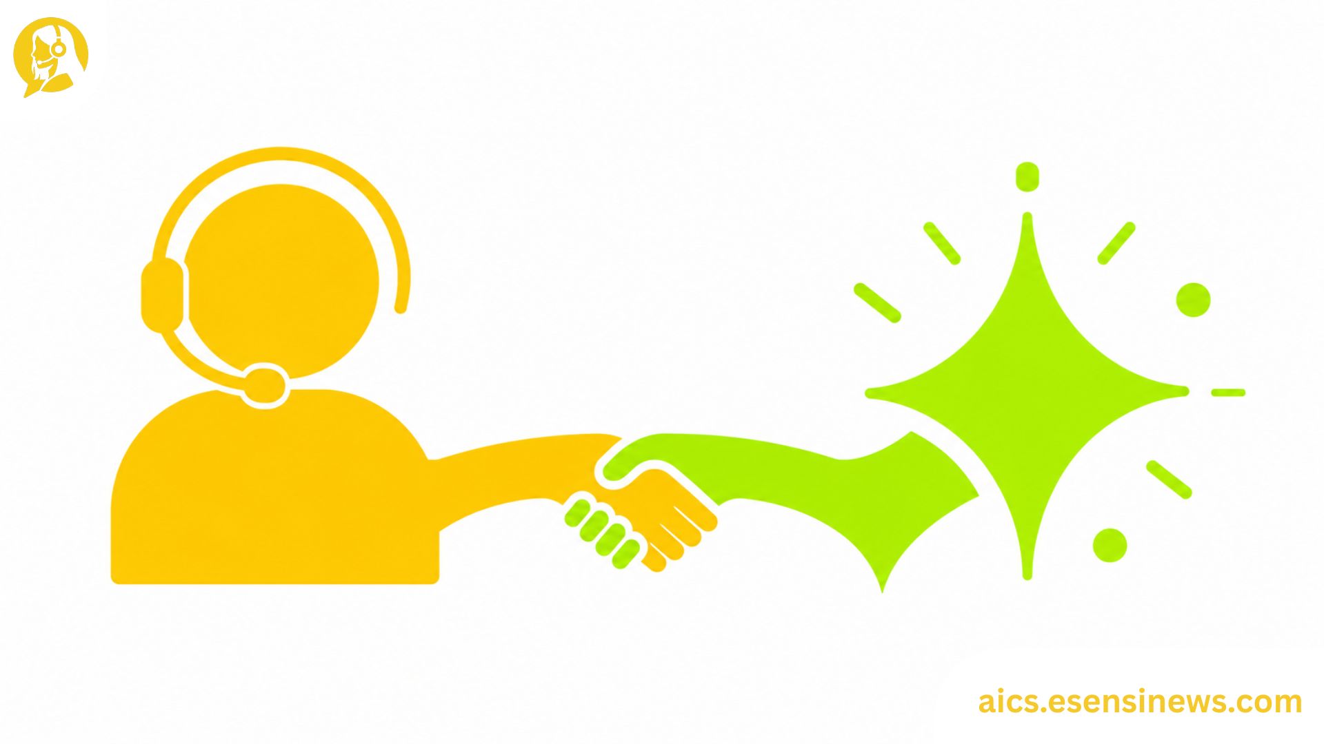 Flat illustration of a human silhouette and AI spark icon connected by a bridge shape in yellow and lime green on a white background, representing human-AI collaboration in customer service.