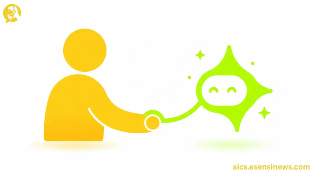 Flat illustration of a person and an AI spark icon connected, representing trust in customer service with AI.