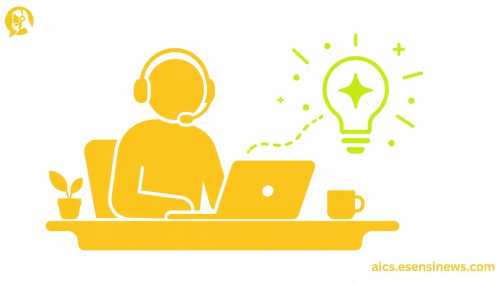 Flat illustration of a customer service agent working beside an AI spark icon in yellow and lime green on a white background.