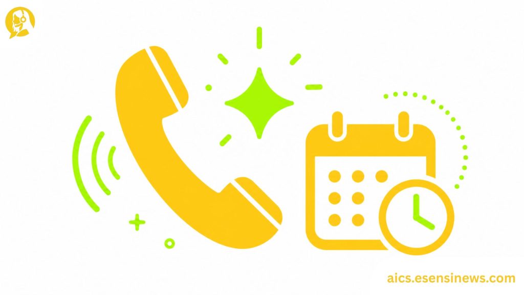 Flat illustration of a phone handset with an AI spark and clock icon in yellow and lime green on a white background, representing an AI call answering service for small businesses.