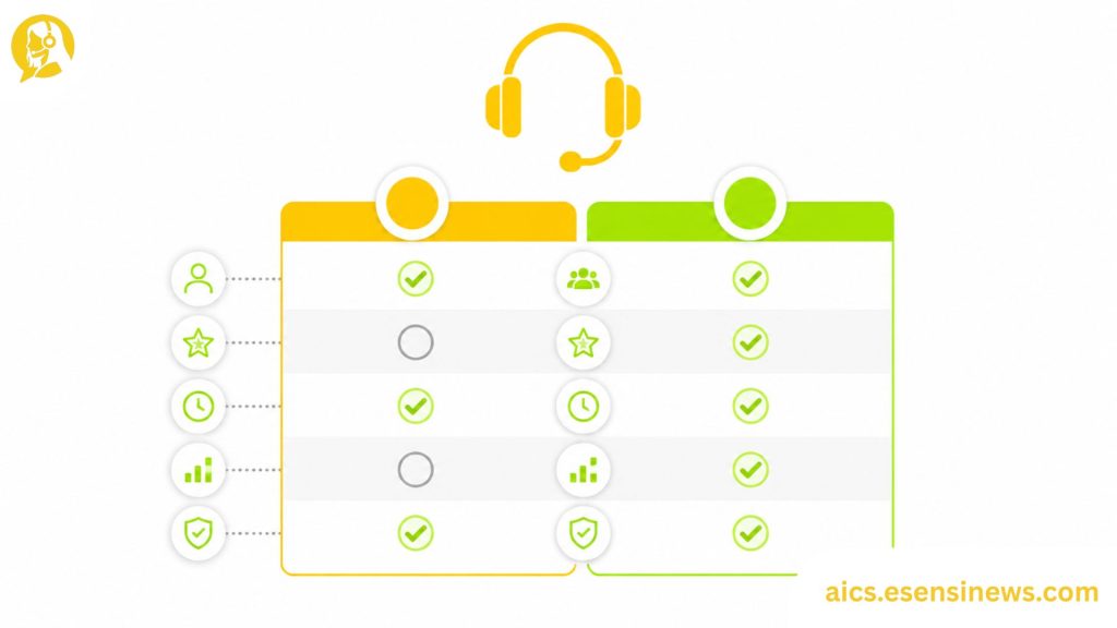 Flat illustration of a side-by-side comparison chart and headset icon in yellow and lime green on a white background, representing evaluation of AI call center companies.