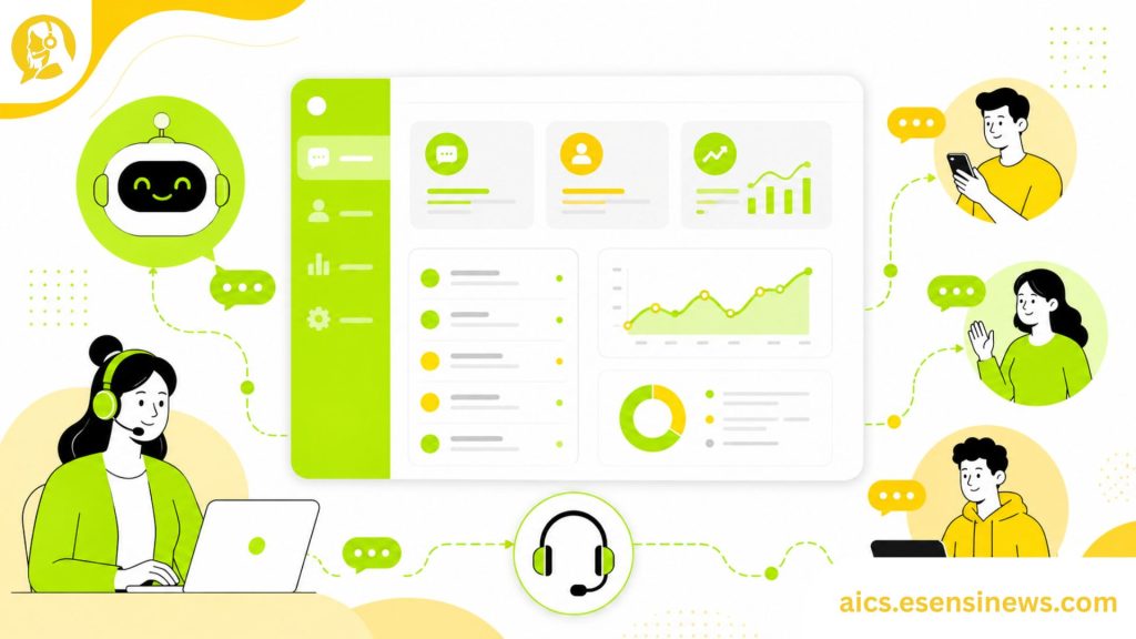 Illustration of an AI customer service platform dashboard with chat bubbles and support icons in yellow, lime green, and white.