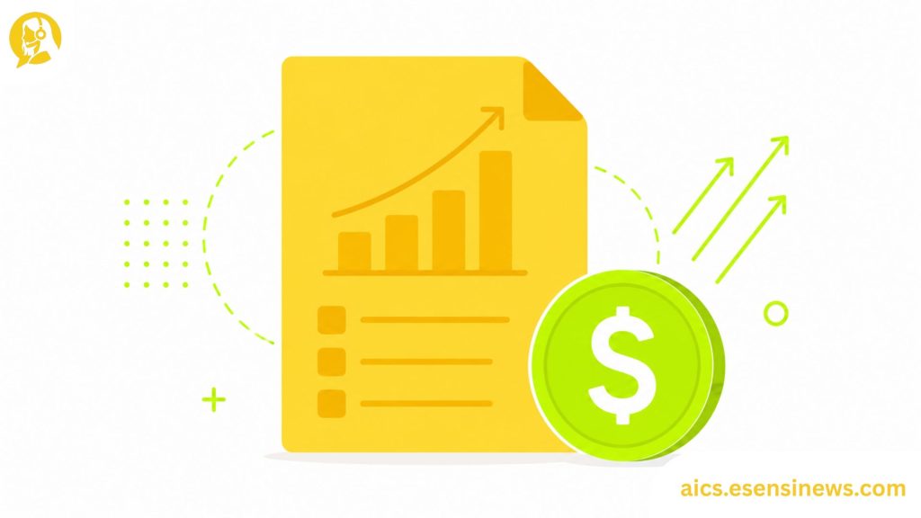 Flat illustration of a document with a chart and coin icon in yellow and lime green on a white background, representing an AI customer service software business case.