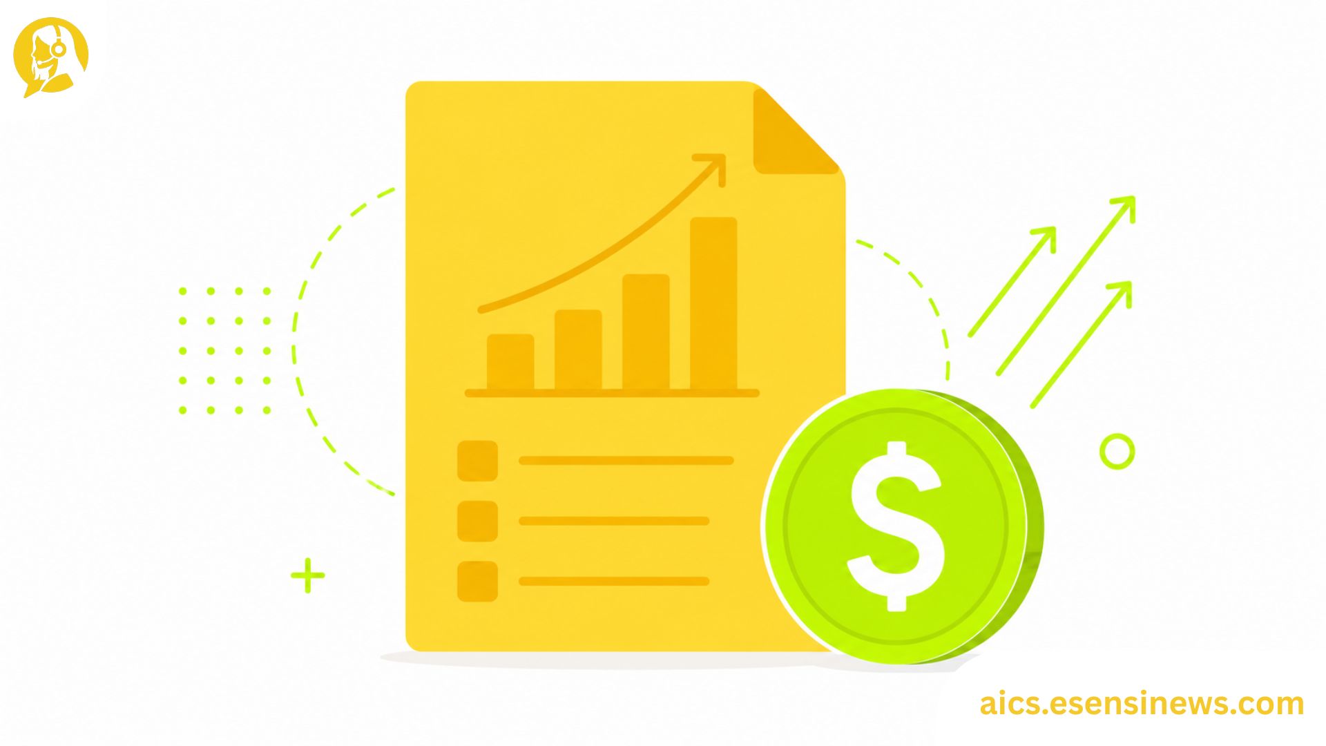 Flat illustration of a document with a chart and coin icon in yellow and lime green on a white background, representing an AI customer service software business case.