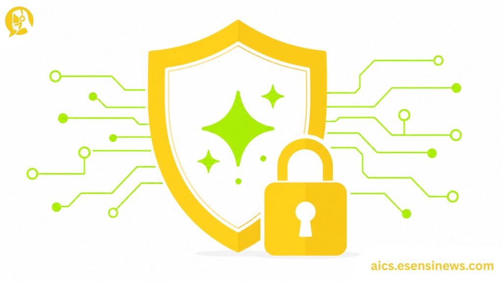 Flat illustration of a shield with an AI spark and lock icon in yellow and lime green on a white background, representing secure AI customer support software.