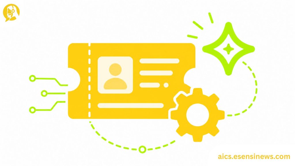 Flat illustration of a ticket icon, gear, and AI spark in yellow and lime green on a white background, representing AI help desk software for IT teams.