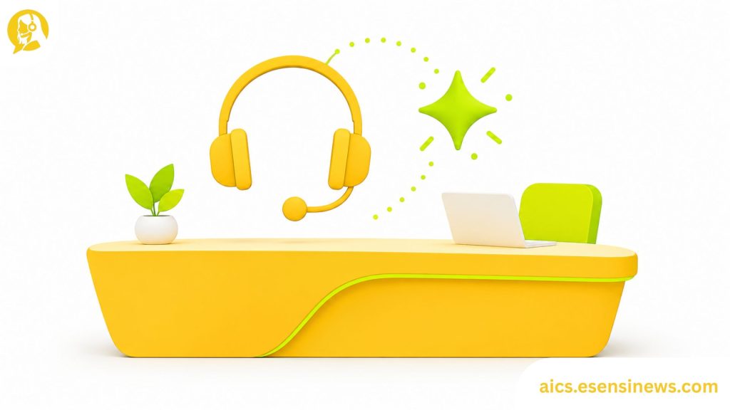 Flat illustration of a desk shape with a headset and AI spark in yellow and lime green on a white background, representing an AI helpdesk for business.