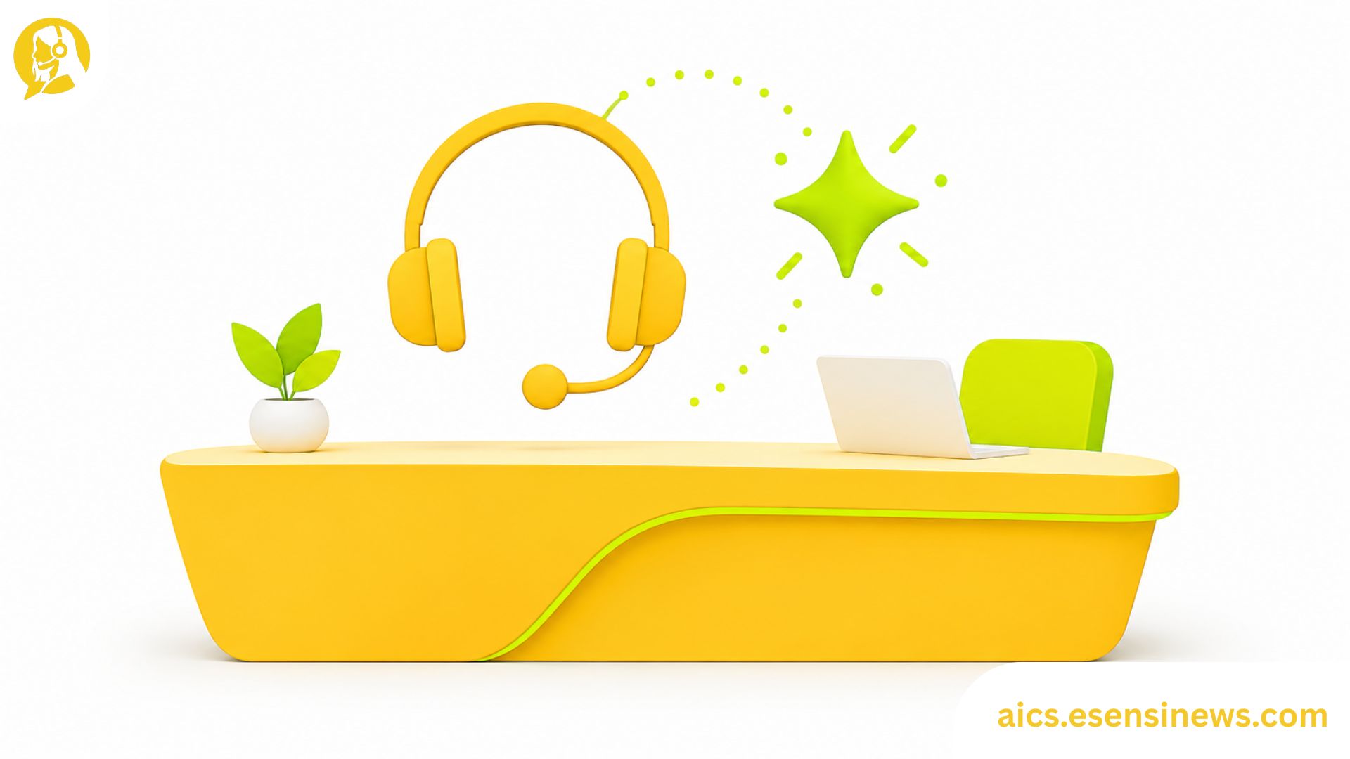 Flat illustration of a desk shape with a headset and AI spark in yellow and lime green on a white background, representing an AI helpdesk for business.