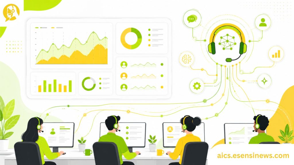Illustration of an AI powered contact center dashboard with agents, headsets, and AI icons in yellow, lime green, and white.