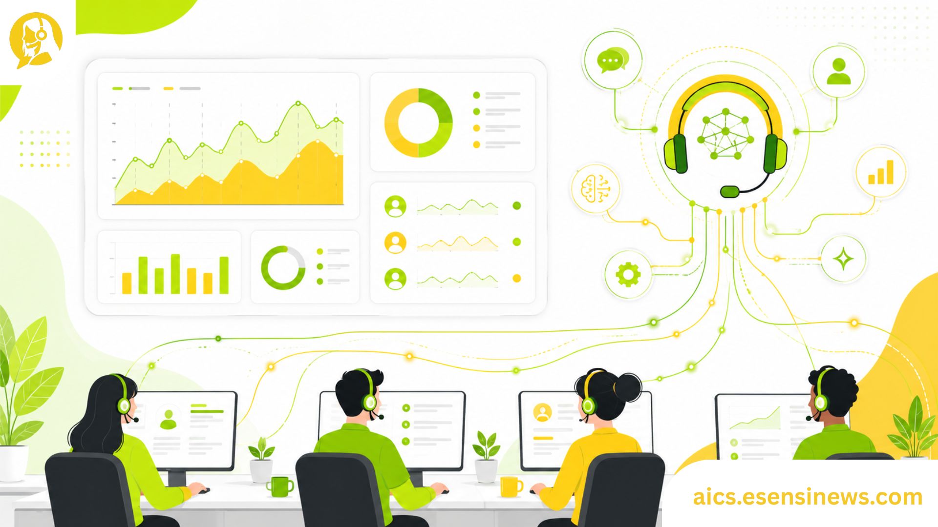 Illustration of an AI powered contact center dashboard with agents, headsets, and AI icons in yellow, lime green, and white.
