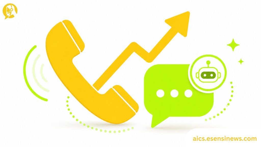 Flat illustration of a phone handset, upward arrow, and chat bubble in yellow and lime green on a white background, representing AI telemarketing.