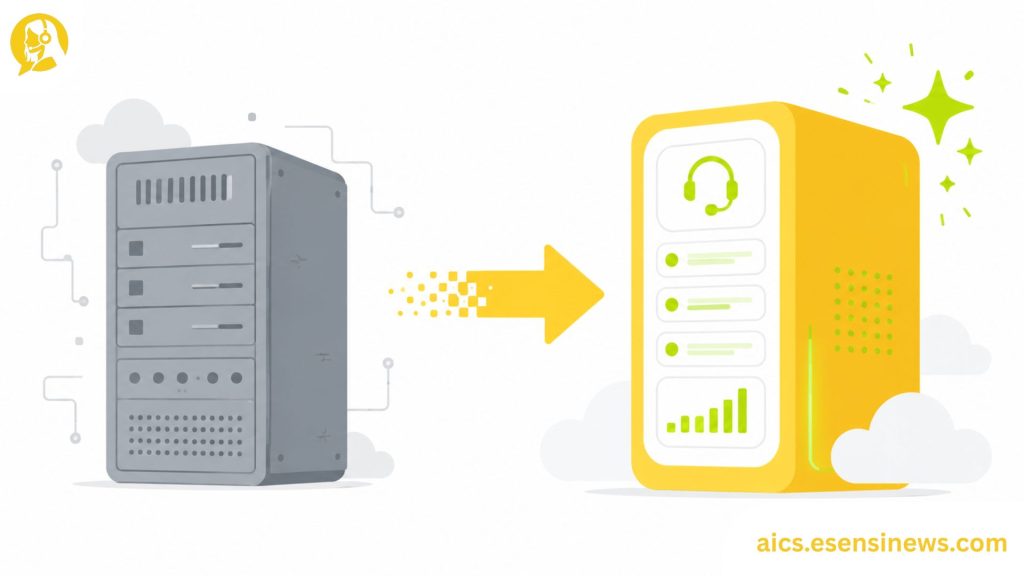 Flat illustration of two system shapes connected by a migration arrow with an AI spark accent in yellow and lime green on a white background, representing call center AI software migration.