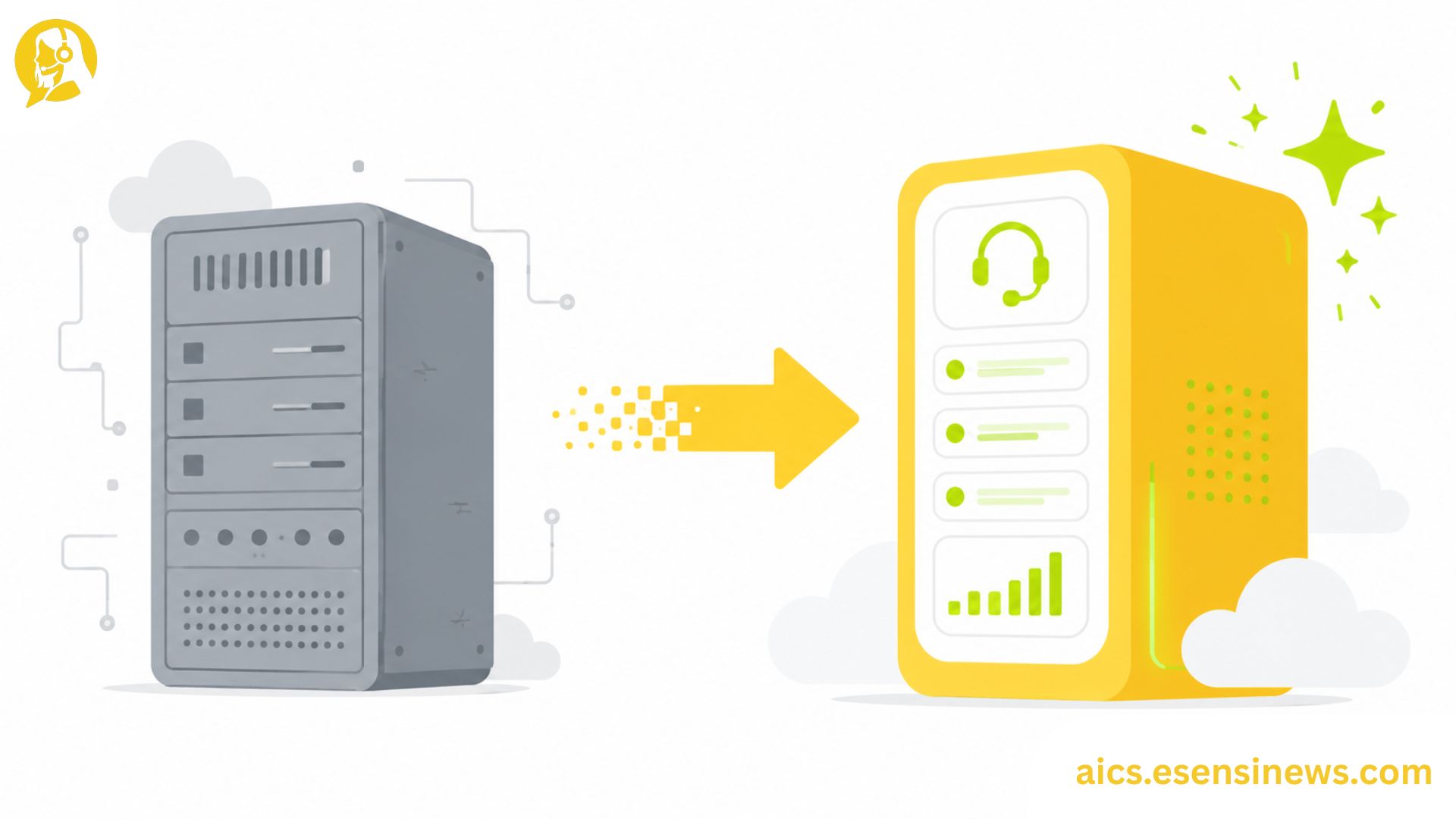 Flat illustration of two system shapes connected by a migration arrow with an AI spark accent in yellow and lime green on a white background, representing call center AI software migration.