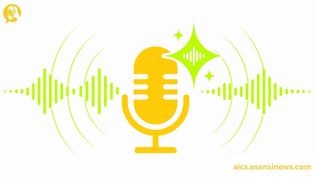 Flat illustration of a microphone and AI spark with waveform lines in yellow and lime green on a white background, representing call center voice AI.