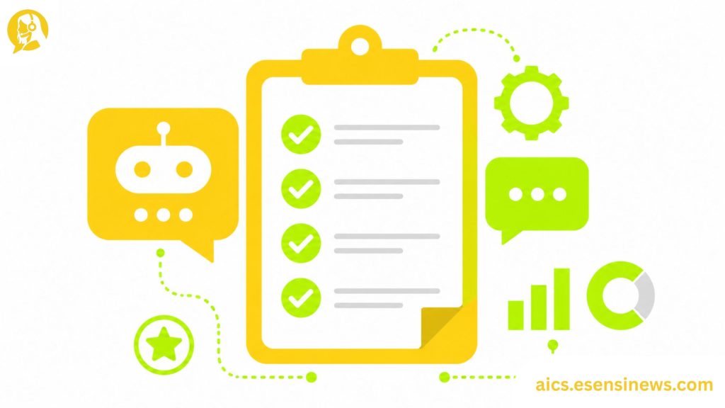 Flat illustration of a scorecard with chat bubbles and checkmarks in yellow and lime green on a white background, representing call center chatbot governance.