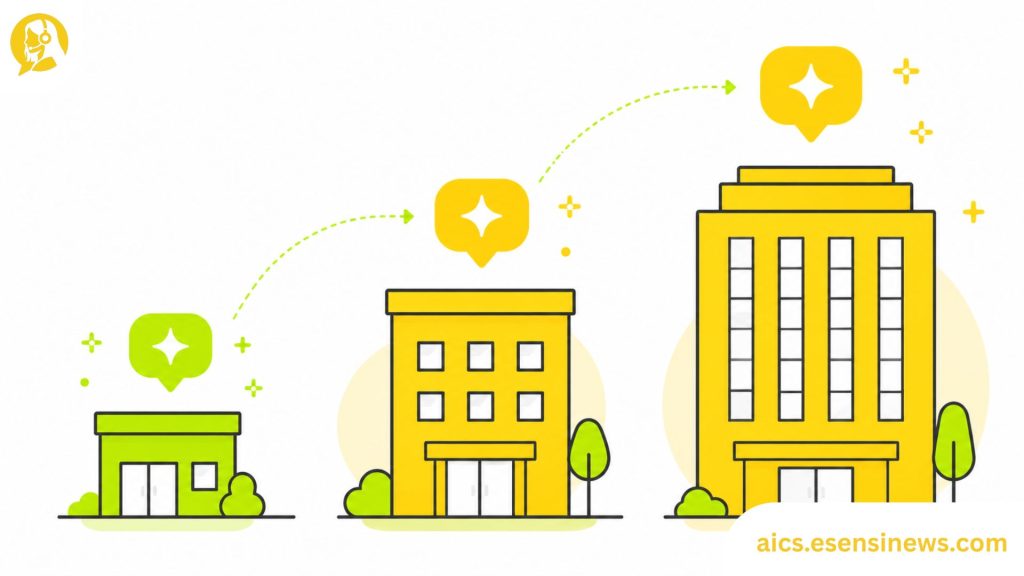 Flat illustration of three buildings of different sizes with AI spark icons in yellow and lime green on a white background, representing companies using AI for customer service.