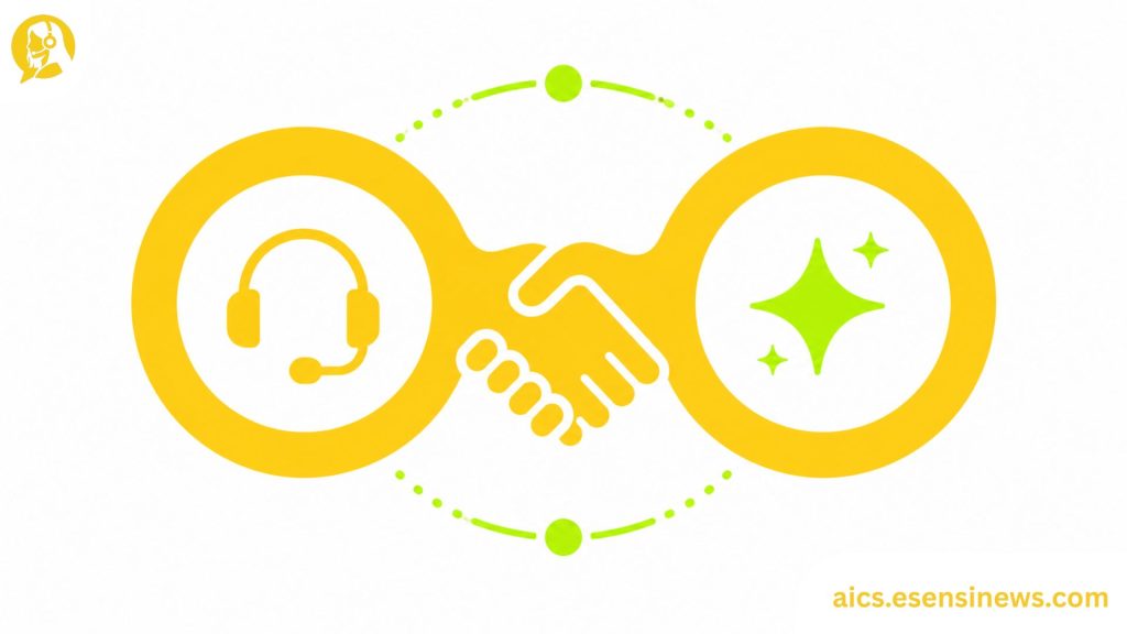 Flat illustration of two connected shapes with a headset and AI spark icon in yellow and lime green on a white background, representing contact center AI company vendor relationship management.
