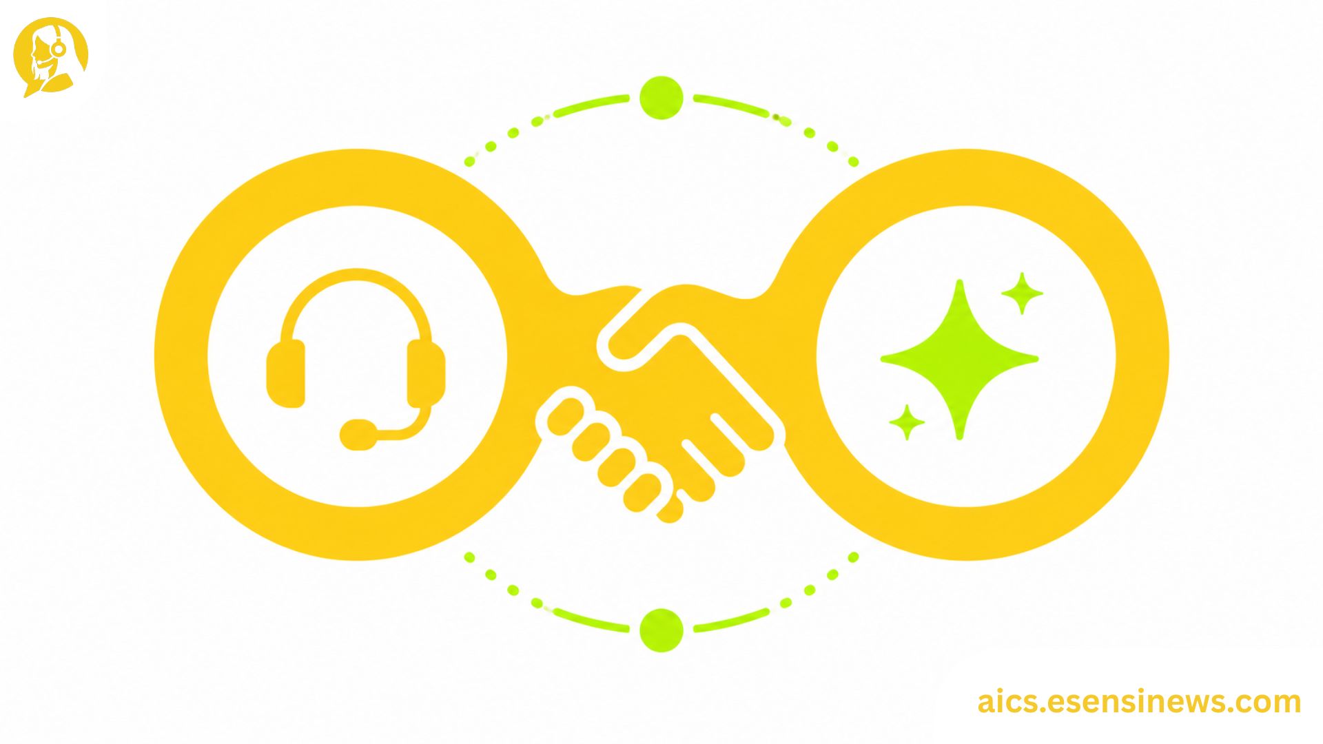 Flat illustration of two connected shapes with a headset and AI spark icon in yellow and lime green on a white background, representing contact center AI company vendor relationship management.