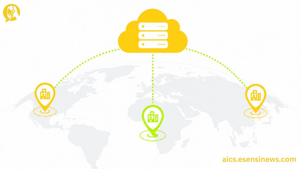 Flat illustration of three location icons connected to a central cloud shape in yellow and lime green on a white background, representing multi-site contact center AI software deployment.