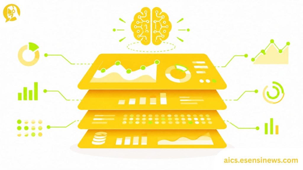 Flat illustration of layered charts and a brain-circuit icon in yellow and lime green on a white background, representing contact center intelligence.