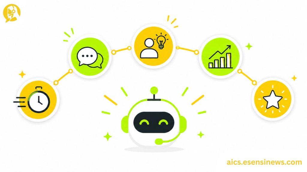 Flat illustration of five support function icons connected in an arc in yellow and lime green on a white background, representing helpdesk AI transformation.