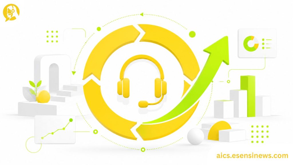 Flat illustration of a circular feedback loop with a headset icon and upward arrow in yellow and lime green on a white background, representing an intelligent call center design.