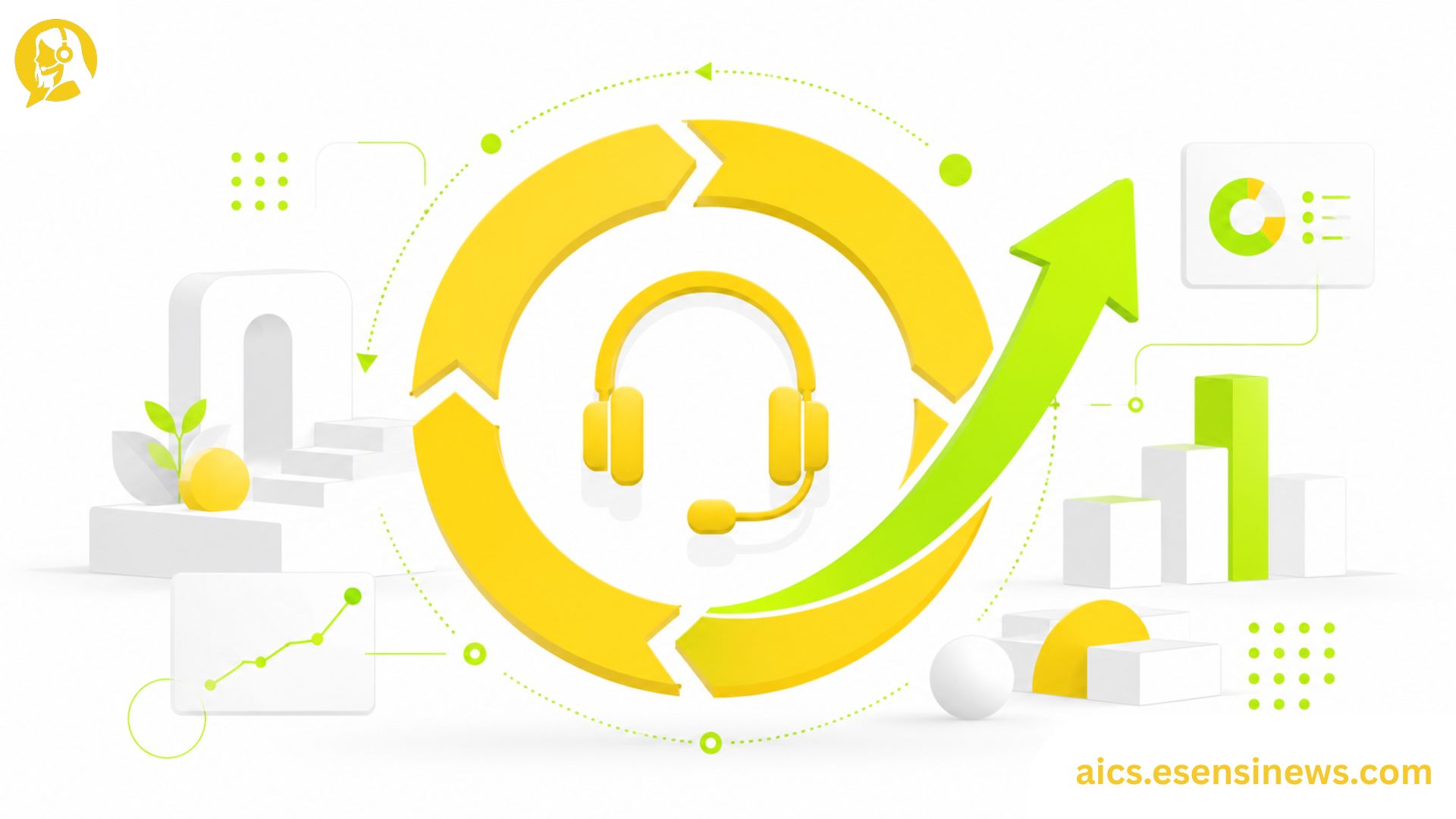Flat illustration of a circular feedback loop with a headset icon and upward arrow in yellow and lime green on a white background, representing an intelligent call center design.
