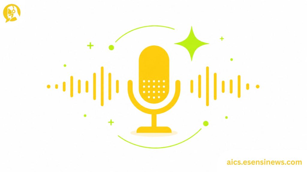 Flat illustration of a microphone with waveform lines and a spark accent in yellow and lime green on a white background, representing voice AI customer service design.