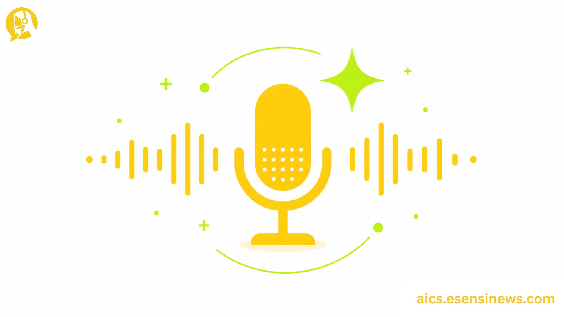 Flat illustration of a microphone with waveform lines and a spark accent in yellow and lime green on a white background, representing voice AI customer service design.